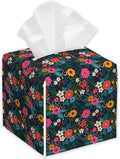 Colorful Flowers Tissue Box Holder,Cube Tissue Box Cover Holder,Leather Facial Paper Organizer Dispenser Home for Bedroom Night Stands,Kitchen,Office and Car,5.2"×5.2"×5.2"