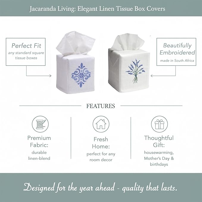 Jacaranda Living Square Tissue Box Cover, Linen/Cotton Fabric Tissue Holder, Decorative Cloth Tissue Cube Cover, Coastal Designs Morning Starfish (Blue)
