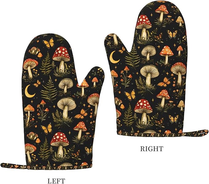 Heat Resistant Oven Mitts 2 Pack, 500°F Silicone Oven Gloves with Non-Slip Grip, Soft Quilted Cotton Lining for Baking, Grilling, BBQ, Cooking (Mushrooms Butterflies)