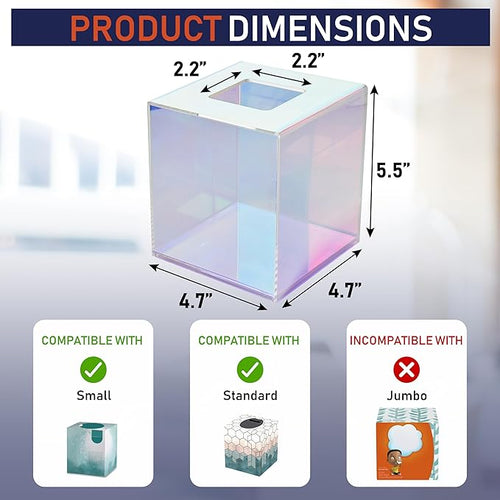 Acrylic Tissue Box Holder, Clear Dispenser for Facial Tissues, Napkins, and Dryer Sheets. Perfect for Bathrooms, Desks, Countertops, Vanities, Bedrooms, and Nightstands (Square, Iridescent)