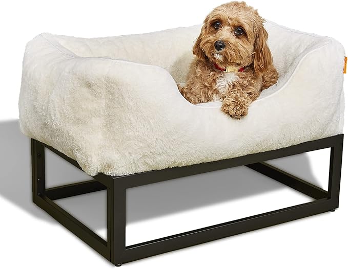 FUZI Elevated Dog Bed Small, Luxury Raised Dog Beds, Removable and Machine Washable Bed Cover, Indoor/Outdoor Orthopedic Pet Bed, Small 25.1x16.75x18 Soft White & Black Base