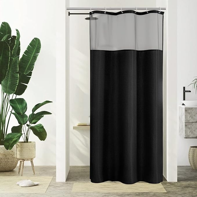 Gibelle Small Stall Shower Curtain 36 x 72, Narrow Half Waffle Weave Fabric Shower Curtain with Mesh Top Window and Hooks Set, Hotel Style Bathroom Design, Black