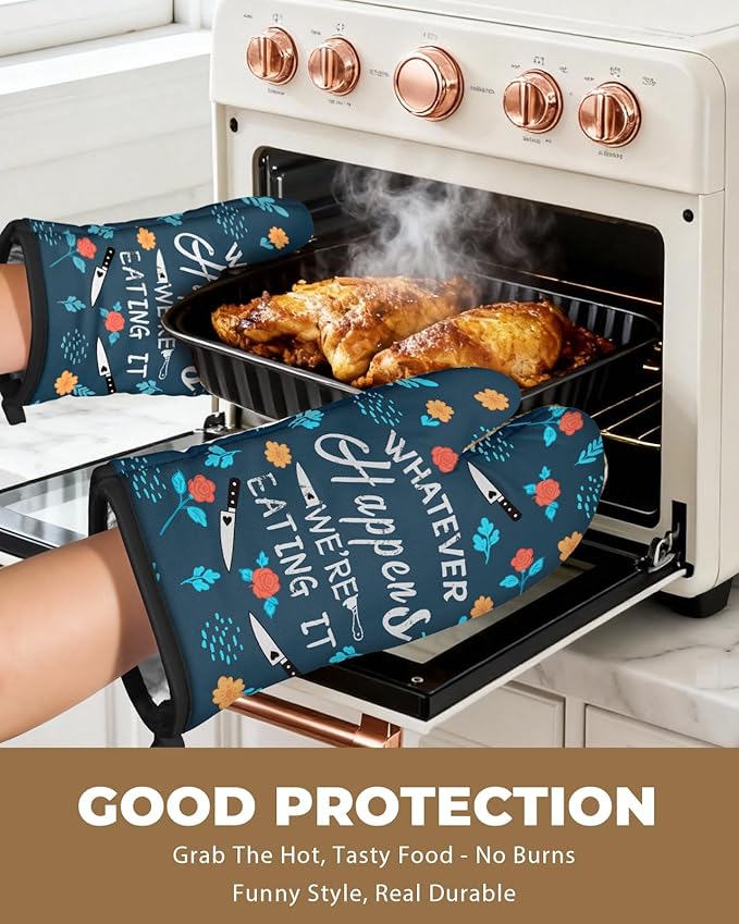 Slohif Funny Oven Mitt Heat Resistant for Women - 2 Pack Blue Cute Novelty Cool Kitchen Oven Mittens with 100% Cotton for Baking and Cooking Accessories
