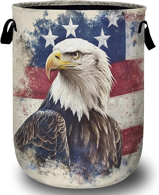 American Flag Eagle Laundry Basket with Sturdy Handles, Memorial Day Patriotic Collapsible Oxford Cloth Laundry Hamper Organizer Basket for Bathroom Bedroom 15.7x20 Inch