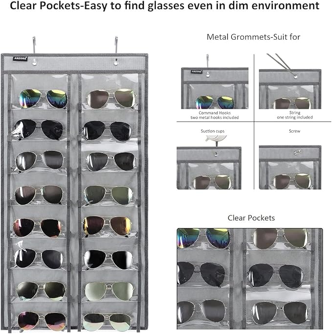 ANZORG Over the Door Hanging Sunglasses Organizer Storage Sunglass Rack Holder Eyewear Display Case with 16 Clear Dust Proof Pockets (16 Pockets-Grey)