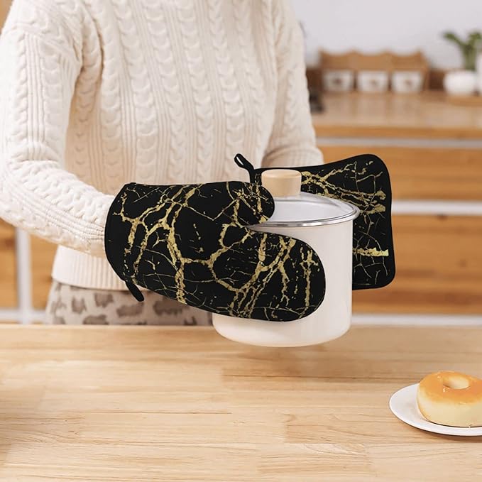 Oven Mitts and Potholders Black Marble Silicone Glove Heat Resistant, Kitchen Gloves for Cooking, 2-Piece Set