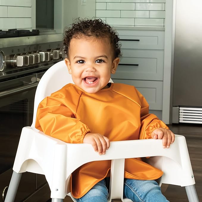Tiny Twinkle Long Sleeve Bib for Babies & Toddlers | 2-Pack Waterproof Smock Bib for Eating | Machine Washable & Mess-Proof Feeding Essentials | Newborn Shower Gift (Sand Cinnamon,6–24M)