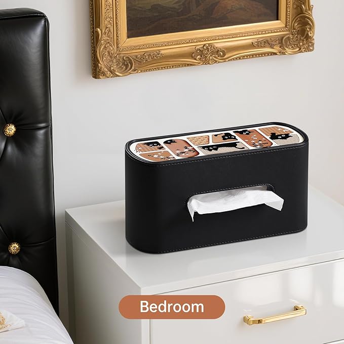 MEIBOOCH Cat-Themed Tissue Box Cover Rectangle, Stylish Tissue Holder for up to 4 Inches High Boxes, Curved Edge Tissue Box Holder (Black)
