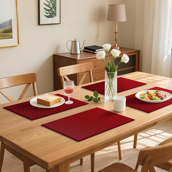 Blue Forest | Rectangular Faux Linen Placemats Set of 8 | Dual- Layered Thickened for Durability | Heat Resistant | Machine Washable | Wrinkle Free for Easy Care Indoor/Outdoor Use - Red