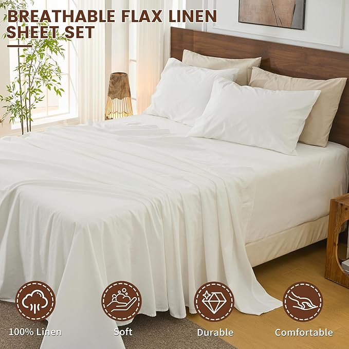 Bedlifes 100% French Linen Sheets California King Size 18-24" Extra Deep Pocket 4-Piece Set Breathable & Moisture-Wicking,Soft & Durable Sheets for Thick Mattresses(White)