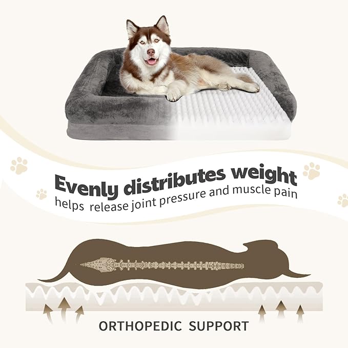 Dog Bed Waterproof Medium/Large Sized XL Foam Pet Beds Removable Washable Cover Dog Sofa Egg Crate Foam Support with Zipper Bottom Bolster Deluxe Plush Mat (Grey+38.2x30.3x7.5in)
