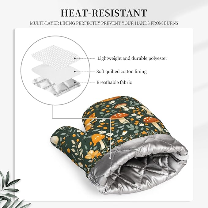 Heat Resistant Oven Mitts 2 Pack, 500°F Silicone Oven Gloves with Non-Slip Grip, Soft Quilted Cotton Lining for Baking, Grilling, BBQ, Cooking (Fox Green)