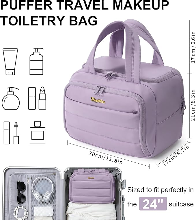 Bagstellar Travel Toiletry Bag, Lightweight Wide-open Large Puffy Toiletry Bag for Women, Quilted Makeup Bag Organizer Water-resistant Cosmetic Bag with Handle for Toiletries, Essentials, Accessories