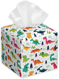 Funny Dinosaurs Tissue Box Cover Square,Cartoon Clouds Trees Tissue Box Holder with Belt Bottom,Stylish Leather Napkin Holder for Vanity Countertop,Nightstands,Office Desk,5.2"×5.2"×5.2"