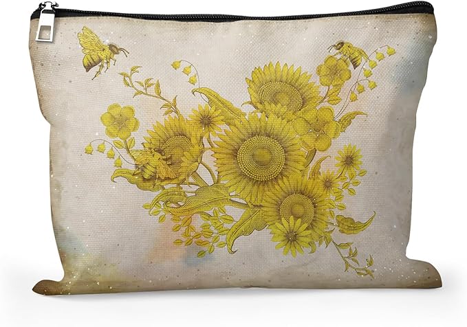 Cafl Retro Honey Bees Makeup Bag Travel Large Elegant Floral Cosmetic Bag Organizer toiletry Essentials Jewelry Zipper Bag Gift For Women -10×8 inch