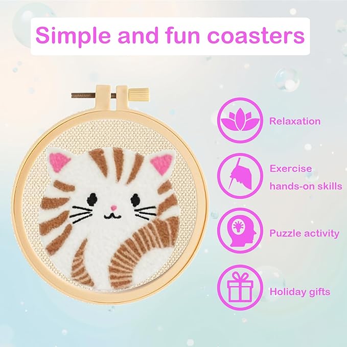 57lilina Punch Needle Coaster Kit for Adults Beginners, 6 Set Complete Animal Cat Punch Needle Stitching Embroidery Art Kit, Step-by-Step Guide Make Punch Needling Drink Coasters for Starter