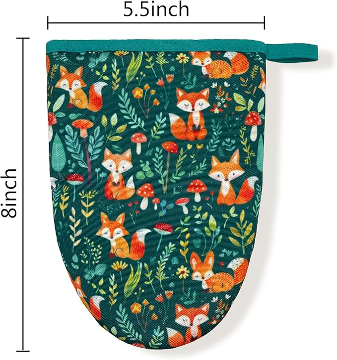 Forest Fox Animal Green Floral Flower Mini Silicone Oven Mitts, Heat Slip Resistant Kitchen Gloves 2-Pack Set, Soft Short Small Oven Mittens Pot Holders for Baking Grilling Barbecue Microwave Gift