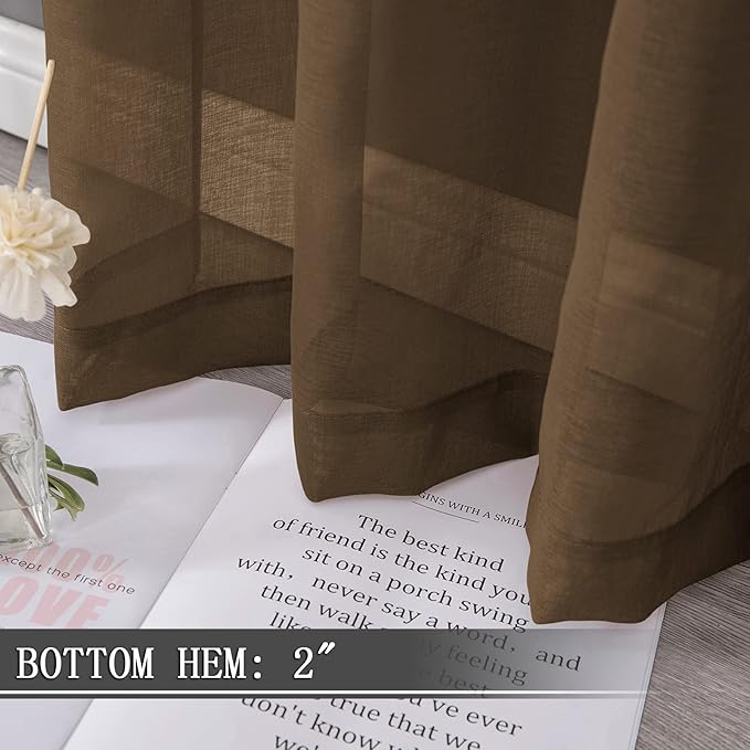 Tollpiz Sheer Tier Curtain Linen Textured Half Kitchen Curtains Sheer Light Filtering Rod Pocket Voile Small Curtains for Bathroom, 25 x 36 inches Long, Brown, Set of 2 Panels