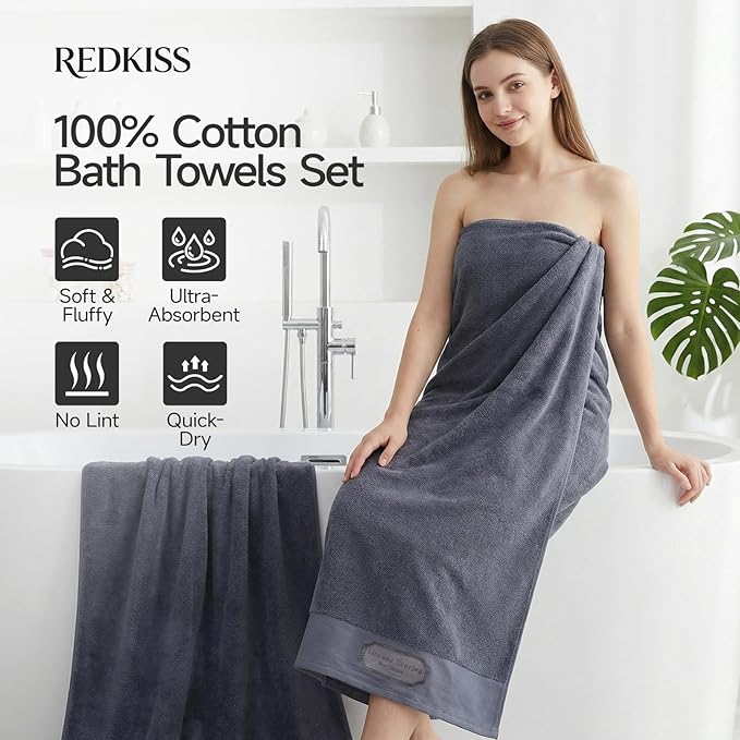 REDKISS 35"x70" Luxury Bath Sheets Towels Set of 2, 100% Cotton & 700 GSM,Ultra Soft & Highly Absorbent Bath Towels Set,Perfect for Bathroom,Spa and Hotel-Dark Gray