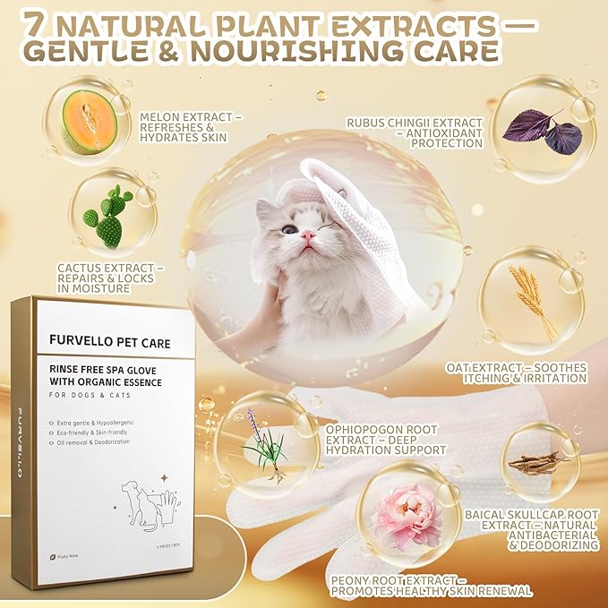 FURVELLO 4 in 1 Pet Glove Wipes for Dogs & Cats, 7 Plant Extracts, Pet Cleaning Wipes Hypoallergenic, Dog Washing Gloves Extra Thick, Lick-Safe, Deodorizing, Rinse Free for Grooming and Travel, 6PCS