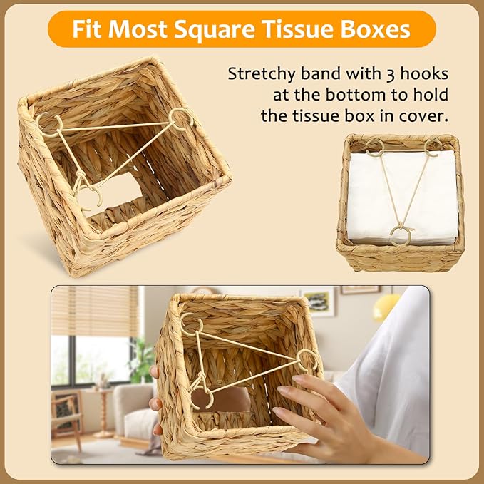 4 Pack Water Hyacinth Tissue Box Cover – Handwoven Rattan Square Holder, Natural Boho Decorative Organizer for Facial Tissues in Bathroom, Living Room, Bedroom & Office