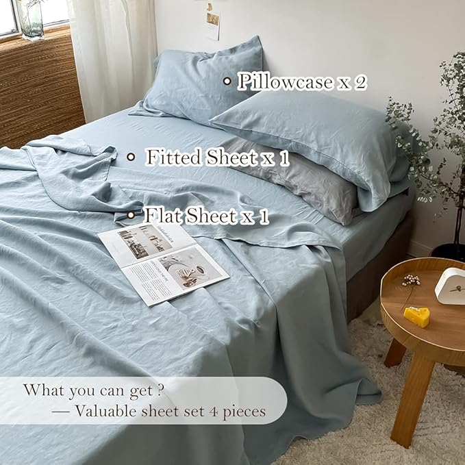 Simple&Opulence Washed Linen Bed Sheet Set Basic Style 4 Pieces (1 Flat Sheet & 1 Fitted Sheet & 2 Pillowcases) 100% Natural French Flax Soft Breathable Farmhouse Bedding (Queen, Duaty Blue)