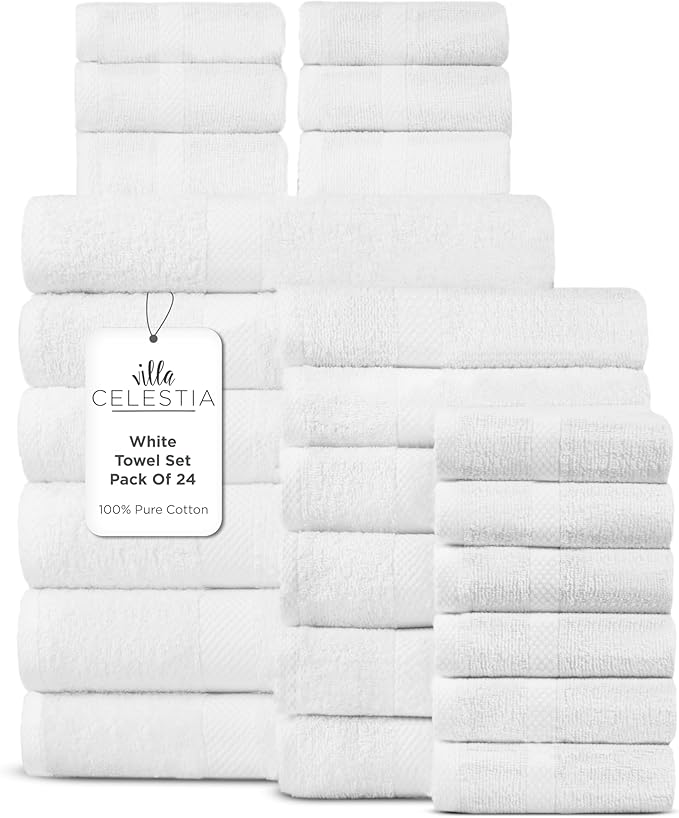 Villa Celestia 100% Cotton Bath Towel Set of 24-6 Bath Towels, 6 Hand Towels, 12 Wash Cloths, Sustainable, Soft, Highly Absorbent, Combed Cotton 24 Piece Set for Hotels, Spa, Bathroom, Dorm, White