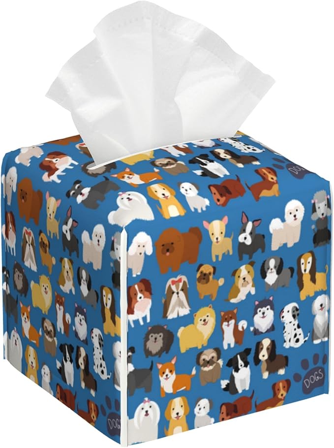 POIUBLE Tissue Box Holder Cute Dogs Tissue Box Cover Square Leather Tissue Holder Organizer Portable Decorative Facial Paper Case for Home Office Bathroom Vanity Countertop