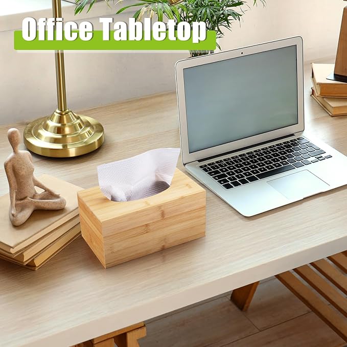 Rectangular Tissue Box Cover, Bamboo Tissue Box Cover Rectangle Tissue Box with Slide-Out Bottom Decorative Cube Facial Tissue for Bathroom Bedroom Dinner Table Office Tabletop