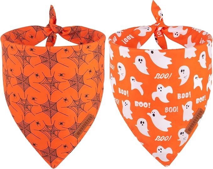 ADOGGYGO Halloween Dog Bandana, Spider Web Ghost Pet Scarf, Premium Durable Fabric, Orange Halloween Bandanas for Extra Large Dogs Pets (X-Large)