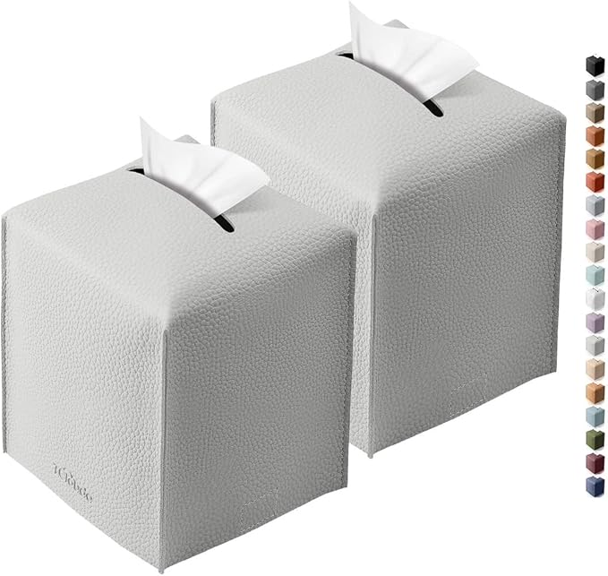 Tclouda Tissue Box Cover for PU Leather, Modern Simple Solid Color Holder Square Tissue Bag, Ideal for Bathrooms,Office,Car,Outdoor Tent,Dining Table,5"X5"X5", Double Light Grey