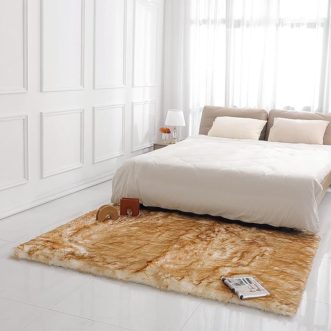 Faux Fur Rug Sheepskin Shag Fluffy Fuzzy 5x7 ft Rugs for Bedroom Bedside Bed Floor Living Room Plush Rectangle High-Density Cushion Carpet Super Sofa Cover White and Yellow