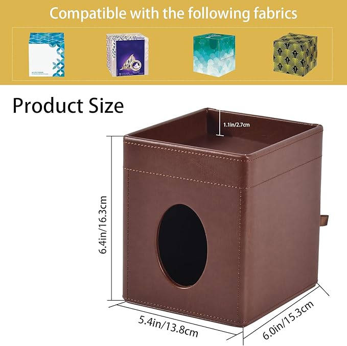 XNONE Tissue Box Cover Square Tissue Box Holder PU Leather Facial Tissues Organizer with Storage Tray for Bathroom Vanity Bedroom Office Car,Stylish Napkin Caddy Decorative Organizer (Brown)