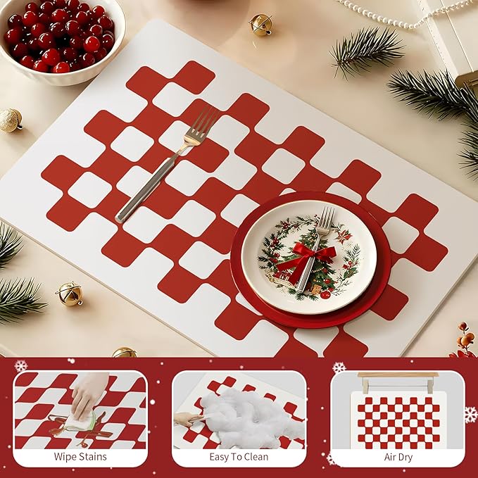 Red Dish Drying Mat Hide Stain Coffee Bar Mat Fast Dry Modern Checkered Kitchen Accessories Non Slip Mat, New Year Gift for Family Friends Home Decor,Red Checkered