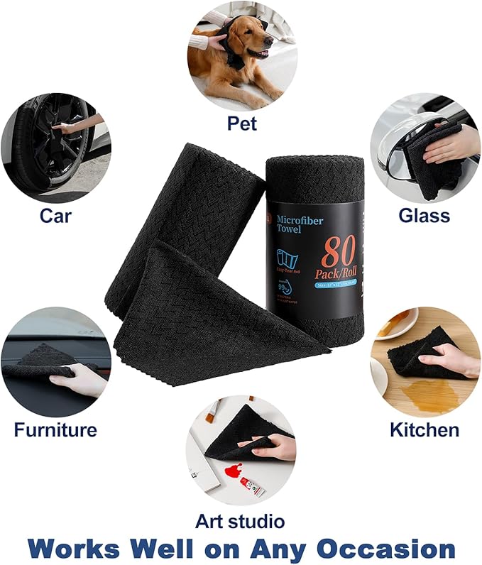 Tigona 80 Pack Microfiber Cleaning Cloth Roll Reusable Paper Towels 12"x12" Tear Away Cloth,Absorbent Dish Rags for House Kitchen,Wash Cloths,Lint Free Rags for Window Cars Cleaning Supplies