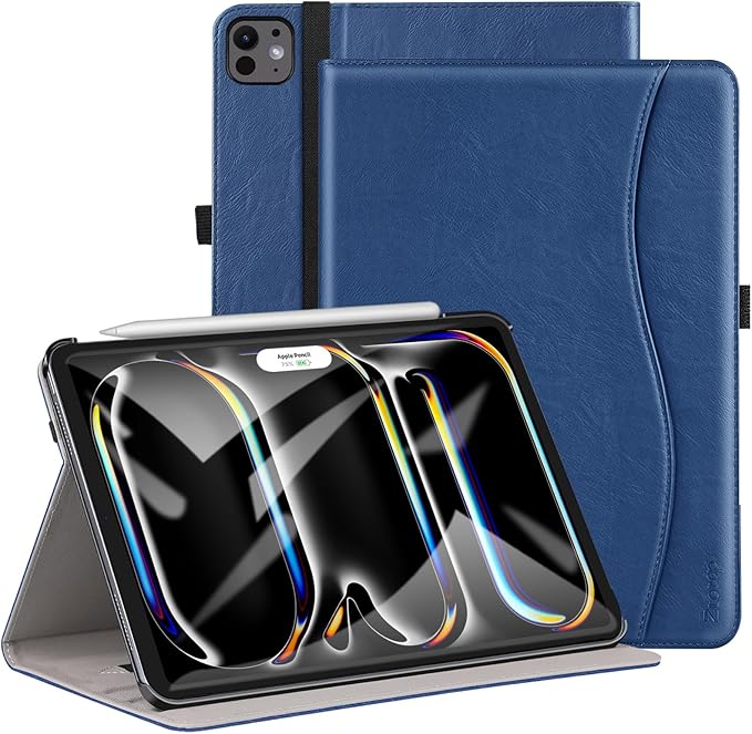 ZtotopCases for iPad Pro 11 Inch Case (M5) 2025/ (M4) 2024 - PU Leather Smart Cover, with Auto Wake/Sleep, Multiple View Angles, Hand Strap & Pocket - Navy Blue