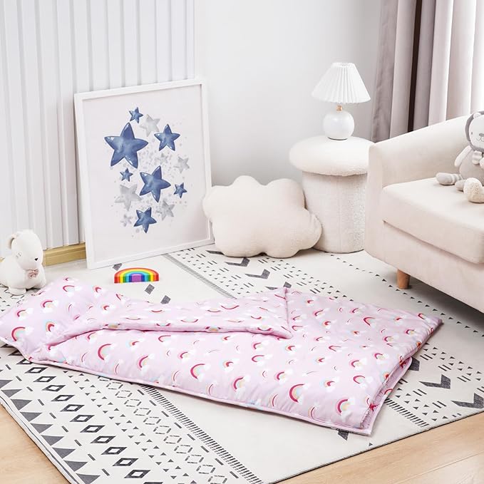 david's kids Toddler Nap Mat Set with Removable Pillow, Ultra Soft Slumber Bags for Girls，Perfect for Preschool, Daycare, Kids Sleeping Bags with Rollup Design, 50"x20", Rainbow