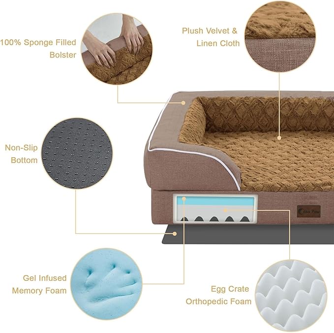 Casa Paw Orthopedic XL Dog Beds, Waterproof Memory Foam Big Pet Bed for Extra Large Sized Dogs 45x35Inch, Non-Slip Bottom and Egg-Crate Foam Dog Couch Bed with Washable Removable Cover, Brown