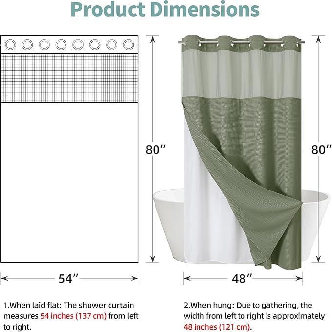 eachope Stall SageGreen No Hook Waffle Weave Shower Curtain with snap-in Liner Replacement, 230GSM Waterproof Fabric Hotel Shower Curtain Set for Bathroom, Through Mesh Top Window,54Wx80H