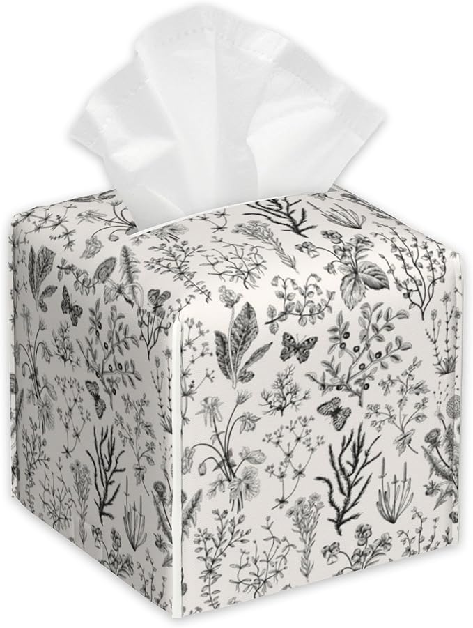 Vintage Wild Flowers Tissue Box Cover Square,Herbs Tissue Box Holder with Belt Bottom,Stylish Leather Napkin Holder for Vanity Countertop,Nightstands,Office Desk,5.2"×5.2"×5.2"