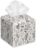 Vintage Wild Flowers Tissue Box Cover Square,Herbs Tissue Box Holder with Belt Bottom,Stylish Leather Napkin Holder for Vanity Countertop,Nightstands,Office Desk,5.2"×5.2"×5.2"