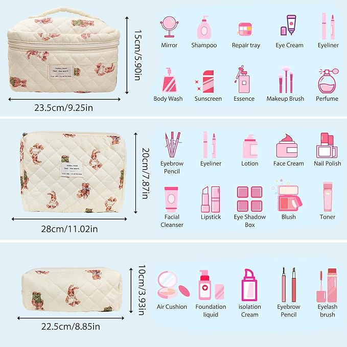 Cozomga Quilted Makeup Bag, Large Capacity Travel Cosmetic Bag for Women and Girls, Aesthetic Storage for Daily and Travel Use (3pcs-Littlebear)