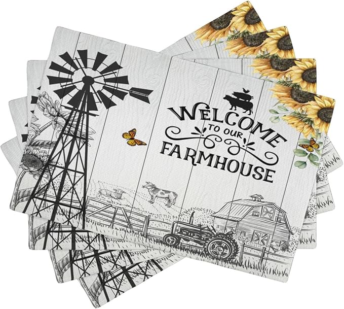 Farm Placemats, Vintage Rustic Farmhouse Wooden Plank Cow Sunflower Tractor Windmill Butterfly Print Washable Fabric Placemats Table Kitchen Dining Party 12x18 Inch Set of 6