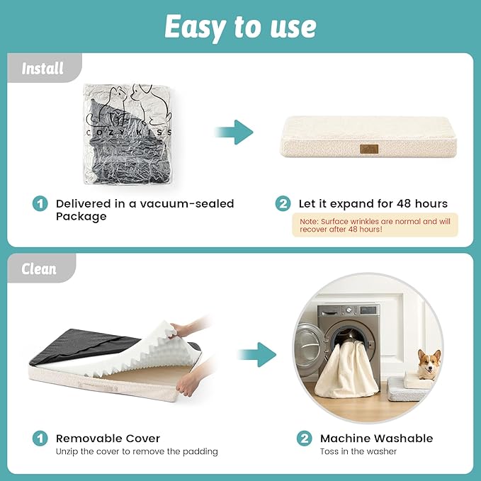 COZY KISS Dog Crate Bed for Large Size Dogs, Rectangular Orthopedic Dog Beds, Foam Anti-Slip Bottom Pet Mat with Washable Removable Cover, Suitable for Pet Up to 75 lbs, 36x27x3 inch, Beige