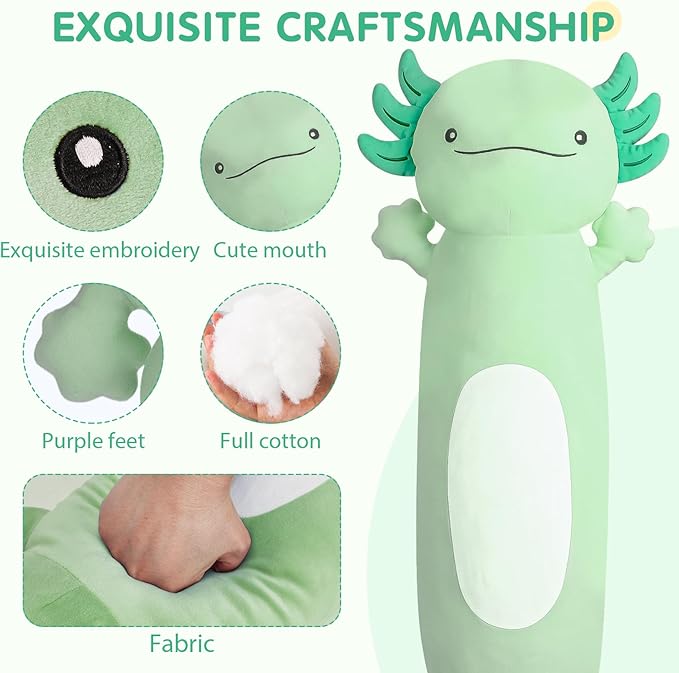 Dalmao 36" Giant Green Axolotl Stuffed Animal, Cute Soft Long Axolotl Plush Large Body Pillow Big Squishy Plushies Toy, Gift for Kids, Boys, Birthdays, Halloween, Christmas