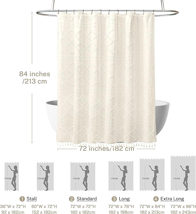 Siiluminisoy Extra Long Cream Boho Shower Curtain - Woven Fabric, 72 x 84 Tufted Chevron Textured Striped Modern Farmhouse Minimalist Cloth Curtain for Bathroom