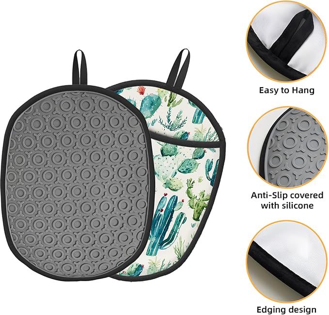 Pot Holders 2 Pack Silicone, Cotton Lining, Heat Resistant to 500°F (260°C), Non-Slip Grip, 7.5"x9.4" Oval Kitchen Hot Pads for Oven, Cooking (Cactus Flower, Potholders)