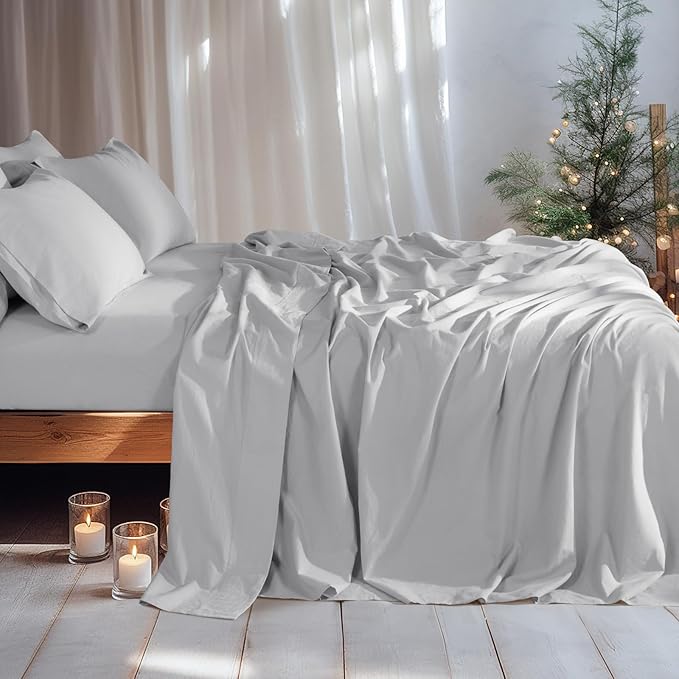 LBRO2M 100% Linen Sheet Set California King Size, Bed Sheets 6 Piece Sets,Solid Color Natural Flax Bed Sheets Soft Breathable Bedding,16" Deep Pocket,All Season (Cal King, Grey)