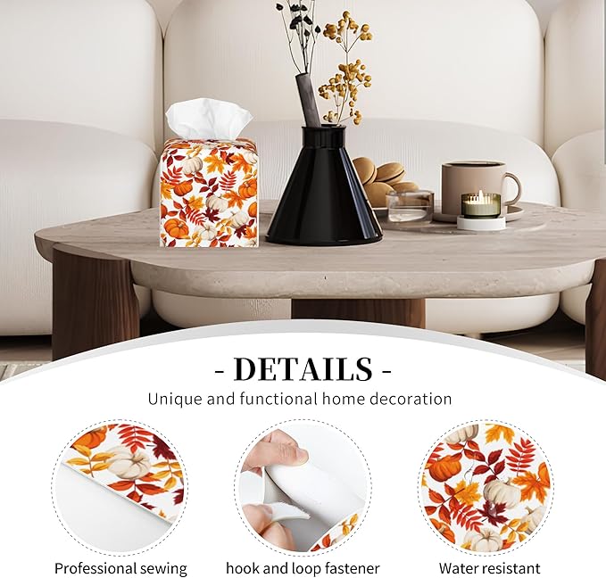 POIUBLE Leather Tissue Box Holder Autumn Pumpkins and Leaves Tissue Box Cover Thanksgiving Square Waterproof Tissue Holder Organizer Modern Napkin Holder for Bedroom Dresser Night Stand Office Desk