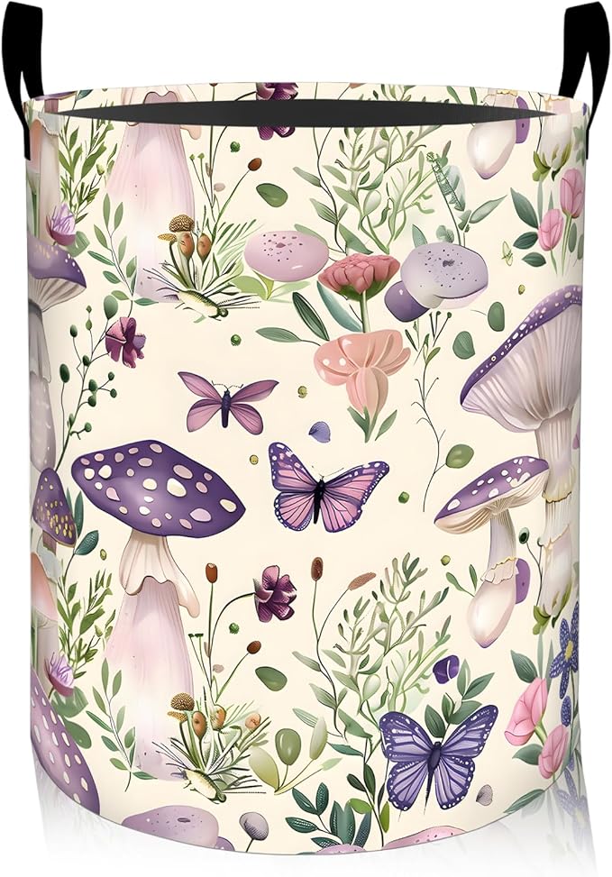 ainori Mushroom Floral Laundry Basket, Oxford Cloth Pastel Dreamy Dirty Clothes Collapsible Hamper for Room Decor, Butterfly Flower Print Gifts Toy Organizer 19.7*15.8 Inch for Bedroom Bathroom Dorm